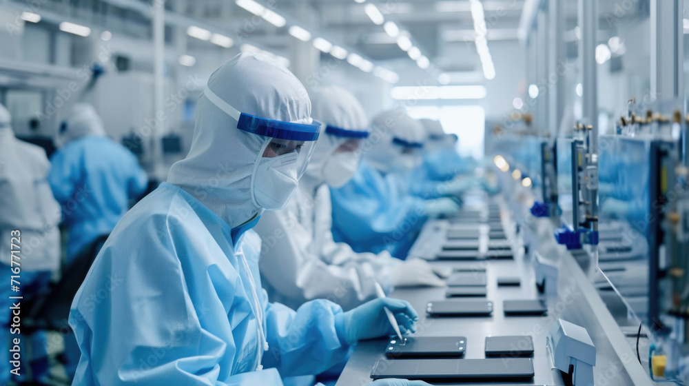 Operator in white clean suit, a cap and a mask at an electronic assembly line soldering copper wire to a circuit board with solder iron and smoke. Operator in white clean suit, a cap and a mask at an electronic assembly line soldering copper wire to a circuit board with solder iron and smoke.
