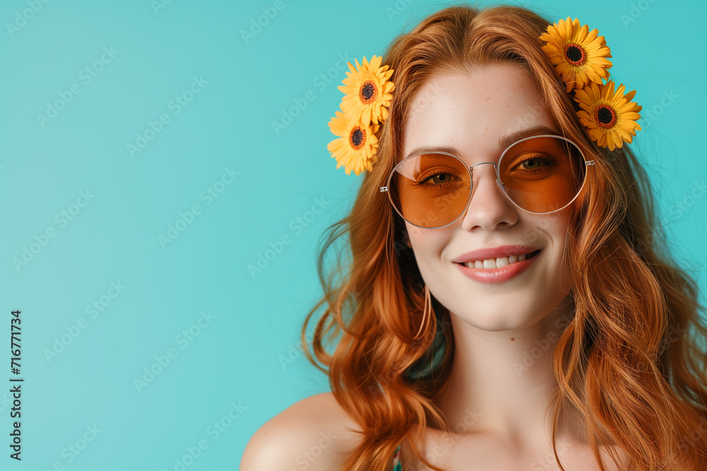 Fototapeta premium girl with stylish haircut poses, looking at camera with smile. Portrait of joyful lady in summer outfit. Beautiful girl wearing sunglasses posing on blue background in studio.