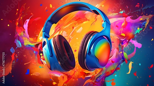 Headphones in colorful party background