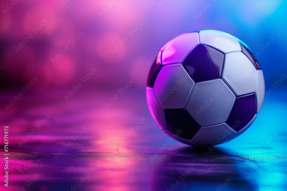 Naklejka premium Soccer ball illuminated with neon purple light on a defocused background, copy the space