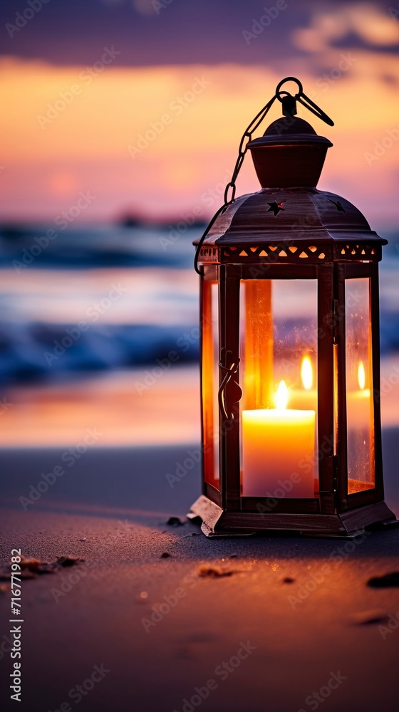 Candle Lantern on a Tranquil Beach at Dusk Candle Lantern on a Tranquil Beach at Dusk