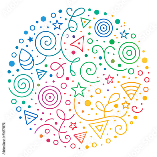Fun colorful abstract line doodle circle shape. Creative minimalist style art round symbol for children or party celebration with modern shapes. Simple upbeat circular drawing scribble decoration