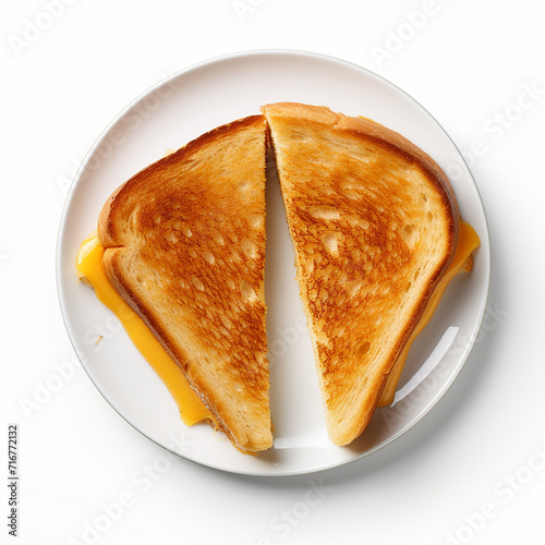 The grilled cheese sandwich on a plate isolated on a white background is in the top view