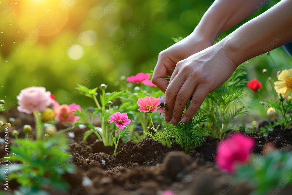 Close-up of a gardener's hands planting flowers in a lush garden, with vibrant colors and natural light