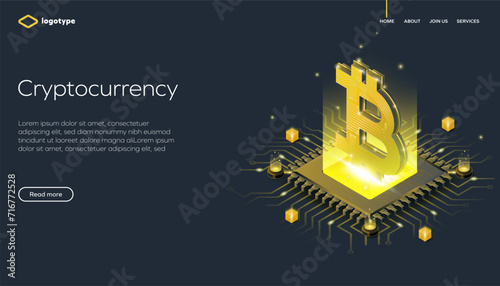 Cryptocurrency and blockchain network business isometric vector illustration. Crypto currency exchange or transaction process background. Digital Technology. (ID: 716772528)