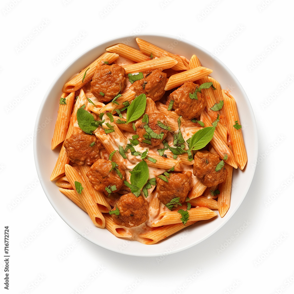 Penne with Vodka Sauce and Mini Meatballs isolated on a white background in the top view