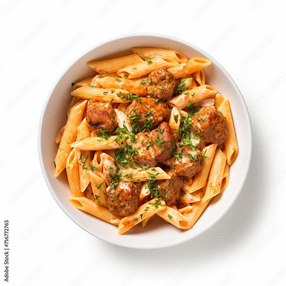 Penne with Vodka Sauce and Mini Meatballs isolated on a white background in the top view Penne with Vodka Sauce and Mini Meatballs isolated on a white background in the top view