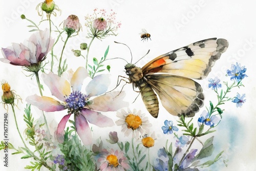 Watercolor illustrations of wild flowers and insect illustration © Priyanka