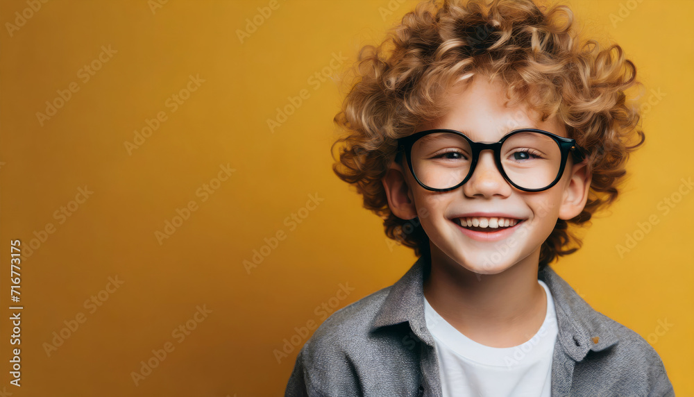 Fototapeta premium Portrait of a curly boy with big glasses