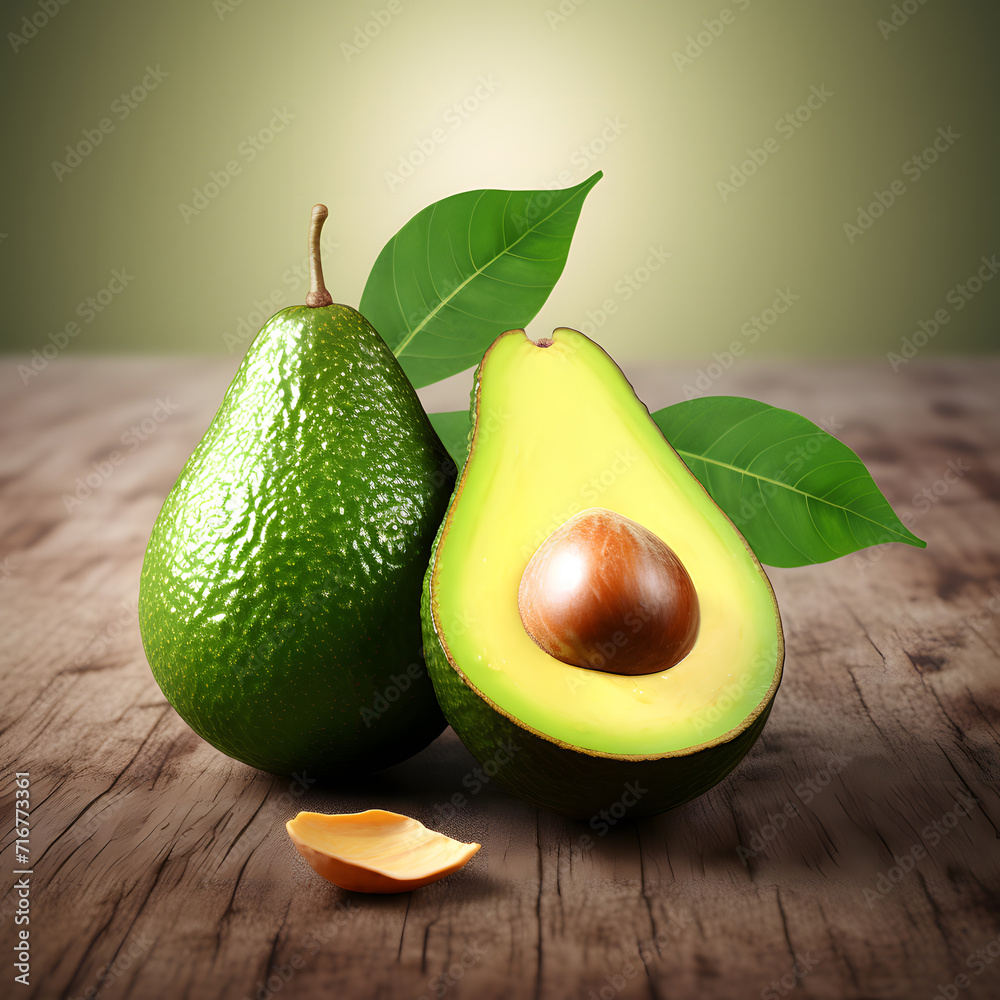 Avocado with sliced and green leaves on Wood background Avocado with sliced and green leaves on Wood background