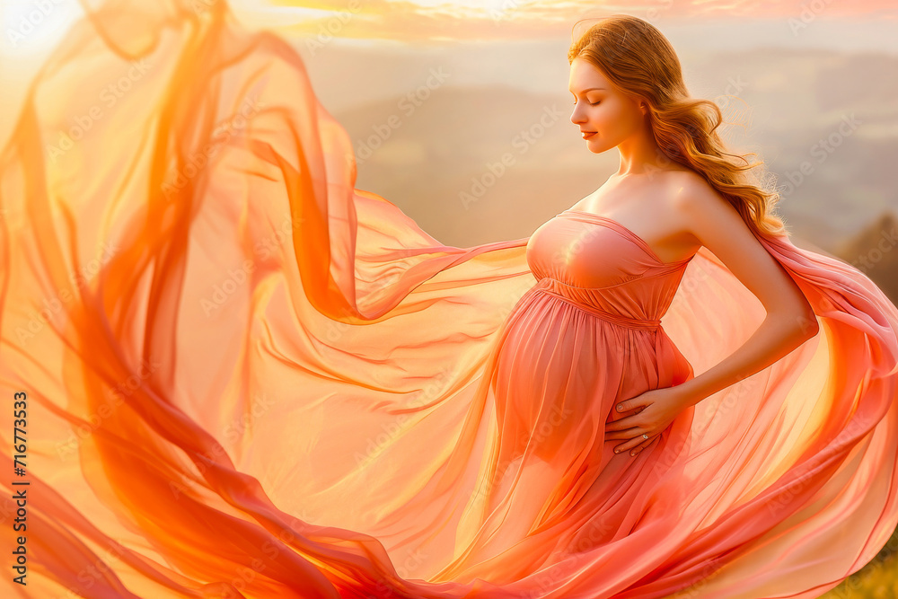 An elegant pregnant woman in a flowing dress stands peacefully outdoors during a beautiful sunset.