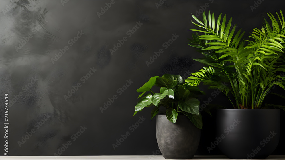 Black Marquina Marble with potted plants with copy space Black Marquina Marble with potted plants with copy space