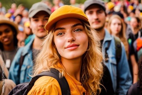 Portrait of a smiling young woman in a yellow cap at an outdoor crowded event, exuding style and confidence. © apratim