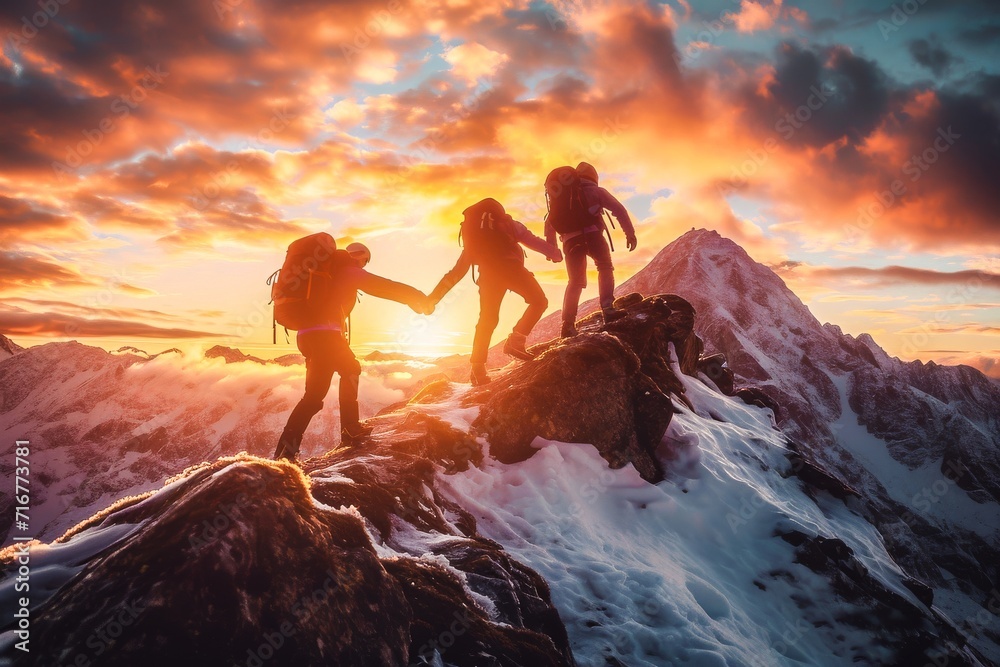 A group of hikers reaches the mountain summit at sunset, exemplifying teamwork and the spirit of adventure.