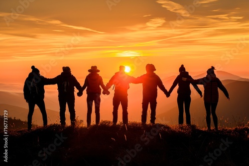 Silhouettes of friends holding hands against a stunning sunset  symbolizing friendship and teamwork in a beautiful natural setting.