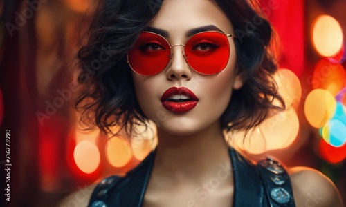 A vibrant and joyful woman with a contagious smile, wearing stylish dark glasses and bold red lipstick, gazing confidently into the future.
