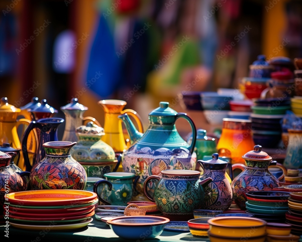 AI generated photo of colorful Moroccan pottery on a warm, sunny day somewhere in Marrakech medina	
