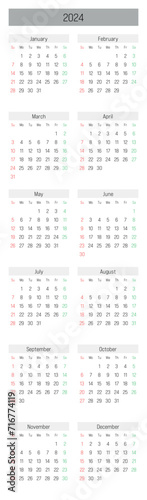 Monthly calendar of year 2024. Week starts on Sunday. Block of months in two columns vertical arrangement. Simple thin minimalist design. Vector illustration.