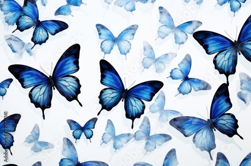 Colorful photorealistic blue butterflies white background