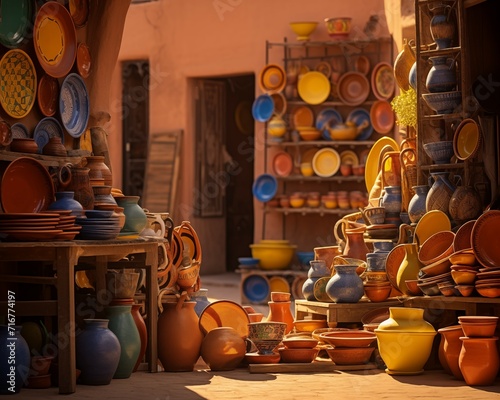 AI generated photo of colorful Moroccan pottery on a warm, sunny day somewhere in Marrakech medina   © Bogna