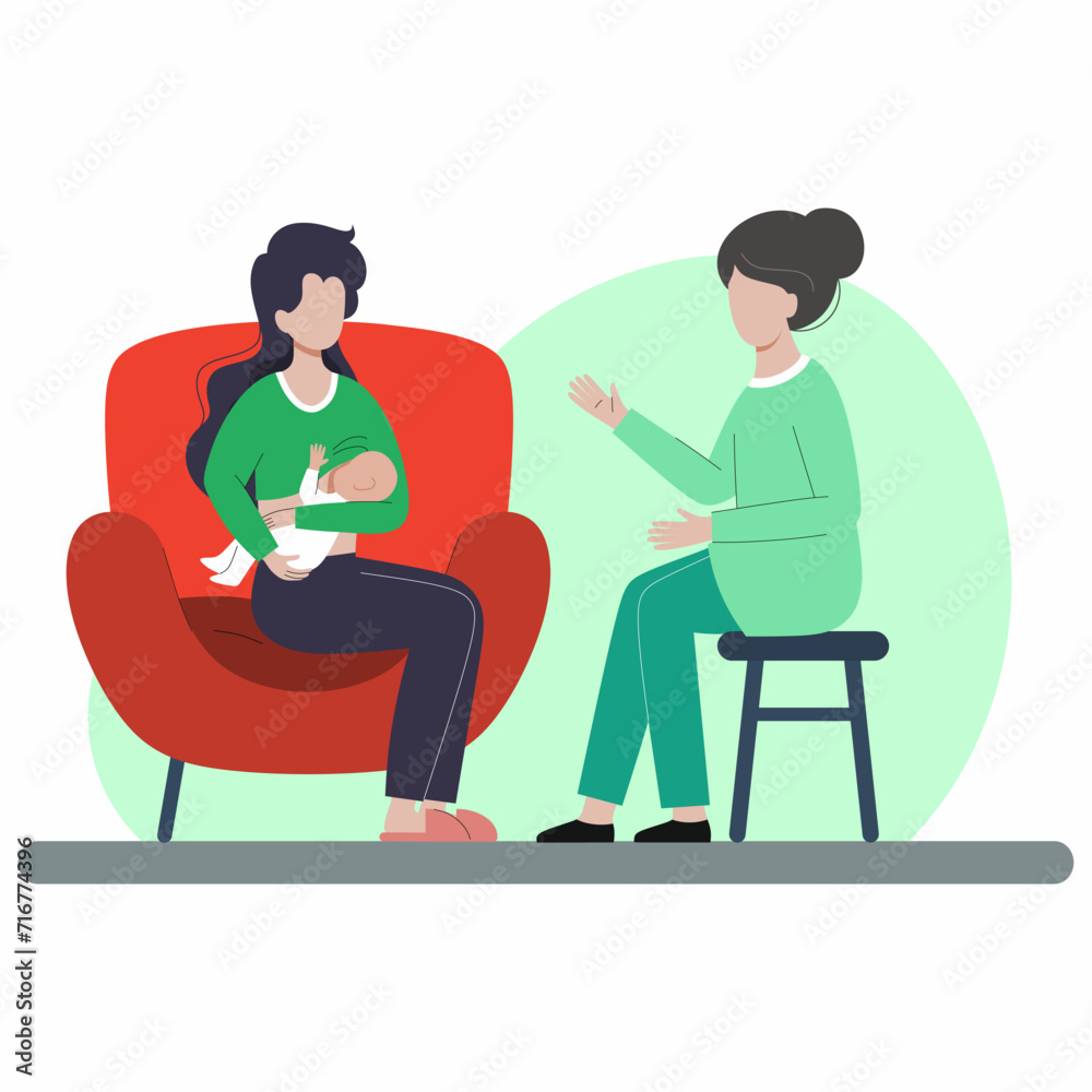 Breastfeeding consultant. Woman is sitting on a chair and breastfeeding a baby and having a consultation
