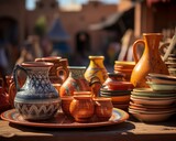 AI generated photo of colorful Moroccan pottery on a warm, sunny day somewhere in Marrakech medina	
