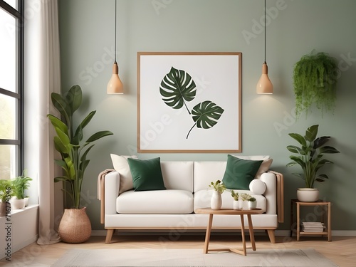 Warm cozy spring living room interior composition with mock up poster frame, wooden sideboard, white sofa, green stand, base with leaves, plants and stylish lamp, home decor. Generative AI © Carlos