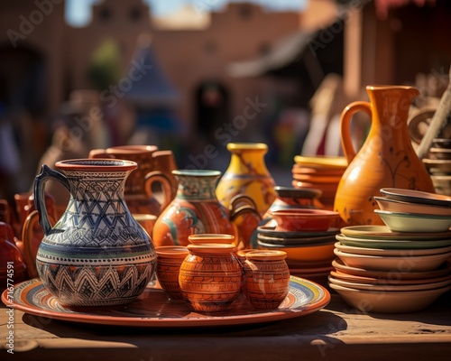 AI generated photo of colorful Moroccan pottery on a warm, sunny day somewhere in Marrakech medina 