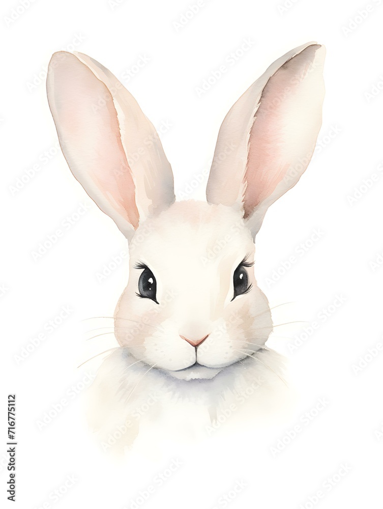 Illustration of an adorable Bunny Head in ivory Watercolors on a white Background. Minimalistic Card Template with Copy Space