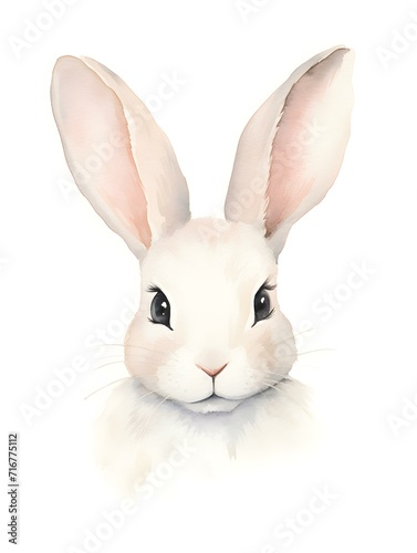 Illustration of an adorable Bunny Head in ivory Watercolors on a white Background. Minimalistic Card Template with Copy Space