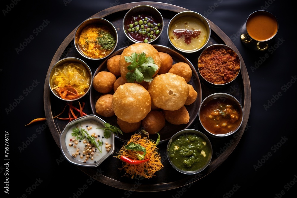 Gol Gappa Culinary Extravaganza, A Visual Symphony of Crispy Hollow Puffs, Filled with Spiced Water and Tangy Chutneys - obrazy, fototapety, plakaty 