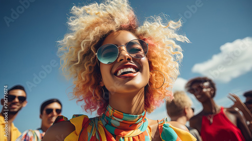 Joyful and beautiful young woman in vibrant, colorful attire with fashionable hair, laughing, celebration and enjoying summer party against backdrop of sky summer