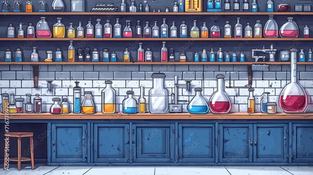 Chemistry laboratory interior, Lab equipment drawing, glass bottles and experiment flasks 