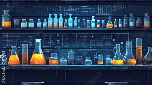 Chemistry laboratory interior, Lab equipment drawing, glass bottles and experiment flasks  photo