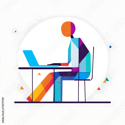 Eine Figur aus Abstrakten Geometrischen Formen auf weißem Hintergrund arbeitet am Laptop im home office dank der Digitalisierung. Produktivität 