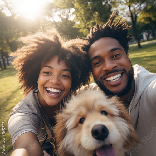 african american young couple sit in park together with dog and take selfie, man and woman with retriever photo