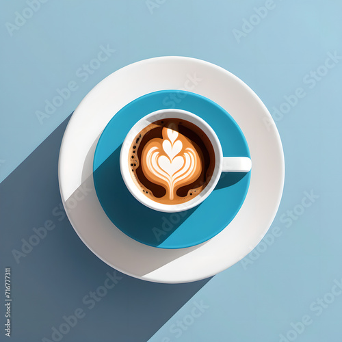 Ein schlichtes Design von einer Kaffeetasse auf blauem Hintergrund. Dampfender Kaffee mit elegantem Schaum Muster. Blick von vorne.