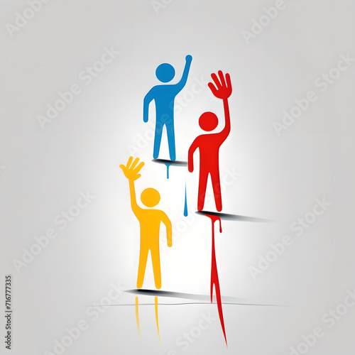 Figuren die ihre Meinung zeigen. Sie heben ihre Hände. Sich stark machen, seine Meinung verbreiten. Demonstrieren. Verschiedene Meinungen und verschiedene Farben.