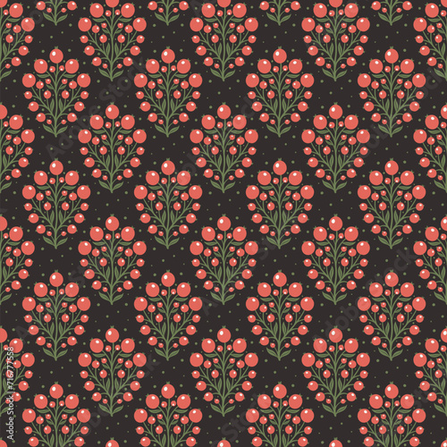 Hand drawn decorative doodle berries seamless pattern, silhouette scandinavian simple flower texture