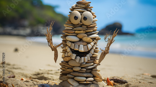 cartoon beach wood sticks with face eyes in the sand