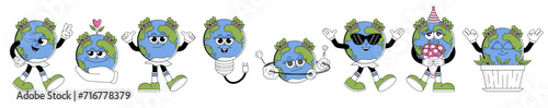 Retro Earth characters cartoon style. Funky globe mascot with psychedelic smile face. Earth day or Save green planet concept. Set of groovy vector illustration isolated on background.