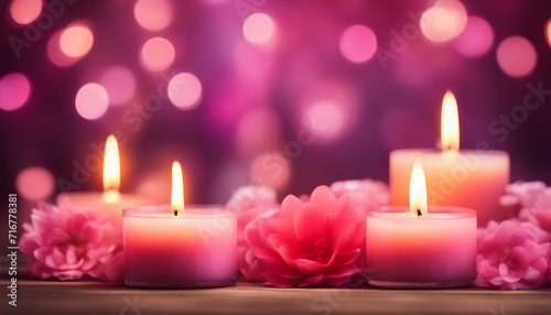 Pink candles background on wooden table surrounded with pink flowers.