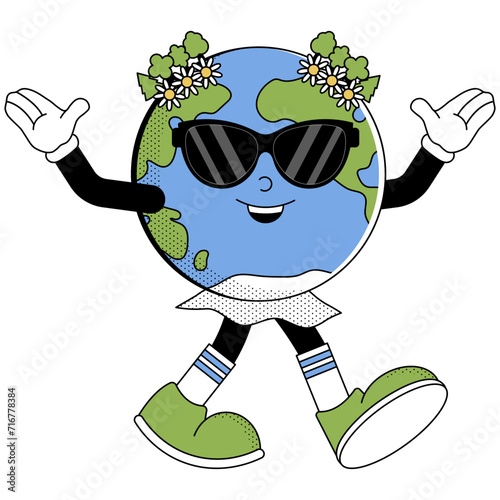 Retro Earth character cartoon groovy style. Funky globe sticker with psychedelic smile face. Earth day or World Environment Day. Vector illustration on white background.