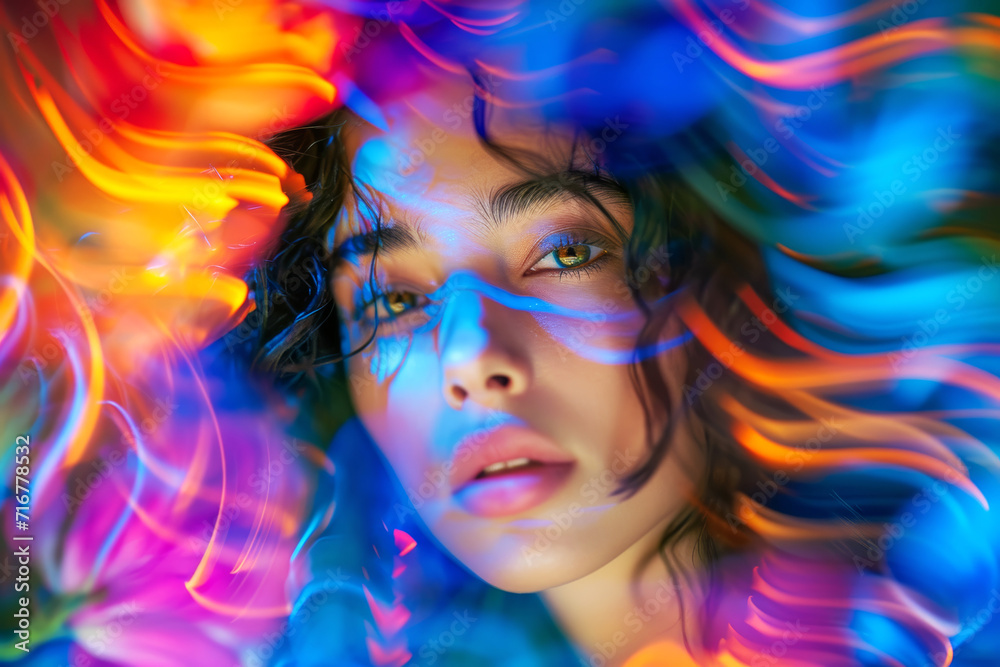 Vivid Close-Up with Swirls of Color.
Intense gaze of a woman against a backdrop of swirling colors.