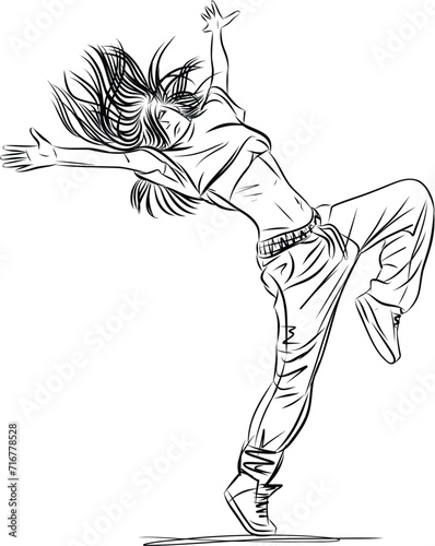 Dancer perform hiphop. Performer in freestyle street dance. Young woman jumping in hip hop pose photo