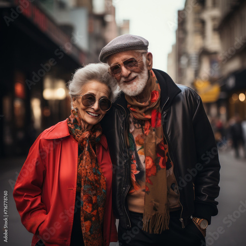 Two stylish elderly aged people, casual clothes, man woman hugging couple, city street, streetstyle