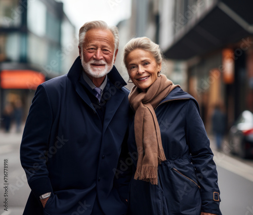 Two stylish elderly aged people, casual clothes, man woman hugging couple, city street, streetstyle