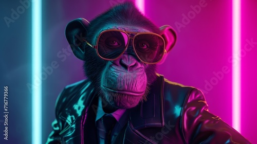 Monkey Wearing Sunglasses and Leather Jacket, Cool and Stylish Primate Photo © Denys