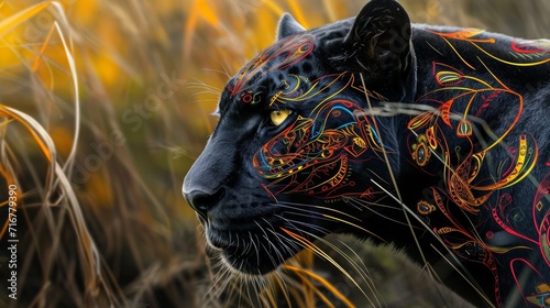 Painted Black Panther in Field of Tall Grass