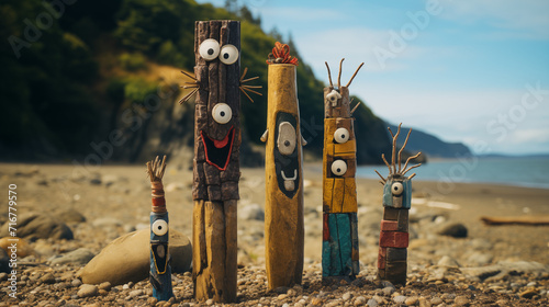 cartoon beach wood sticks with face eyes in the sand